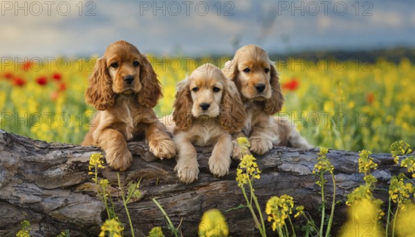 KI generated, animal, animals, mammal, mammals, one, single animal, English Cocker Spaniel, (Canis lupus familiaris), dog, dogs, bitch, hunting dog, dog breed from England, three puppies, lying on a tree trunk