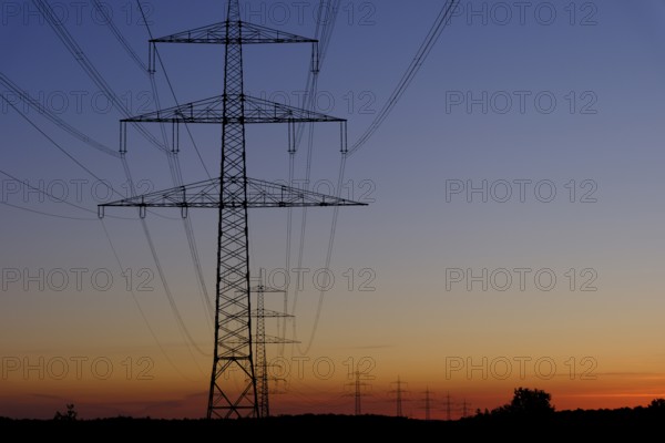 Power line, overhead line, power line, silhouette, sunset, Federal Republic of Germany
