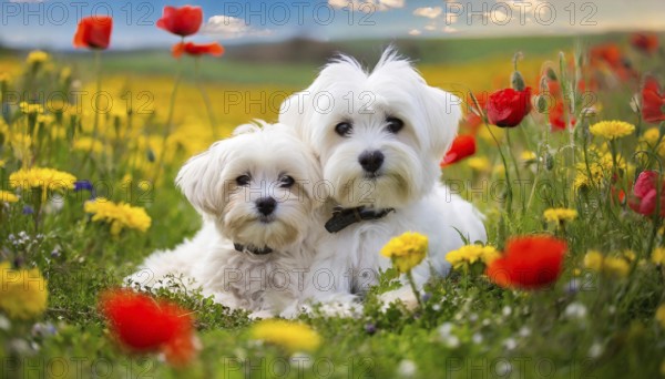 KI generated, animal, animals, mammal, mammals, biotope, habitat, two animals, white, white, Maltese, (Canis lupus familiaris), flower meadow