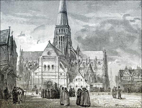 Depiction of the 14th Century predecessor of St Paul's Cathedral, a cathedral in London, England, United Kingdom