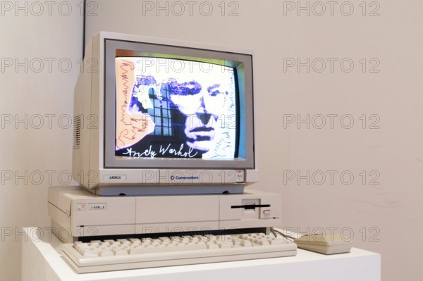 Venaria Reale, Italy, October 2022: Computer Commodore Amiga 1000 with floppy disk, mouse, beige