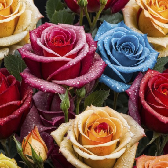 Vibrant roses in various colors including red, orange, blue, and pink with water droplets on petals, AI generated
