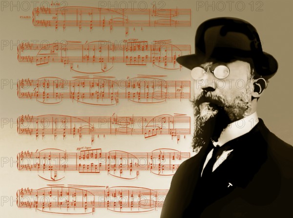 Erik Satie, 1866 – 1925, a French composer and pianist, notesheet for Deuxième Sarabande, digitally edited, 1909