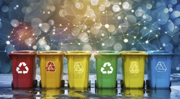 Colorful recycle bins for waste separation with festive bokeh lights, ai generated, AI generated