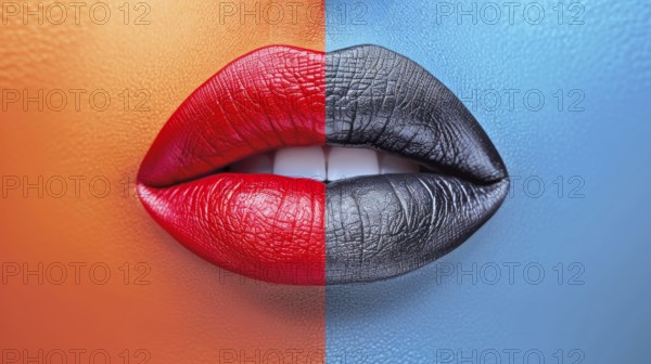 Artistic close-up of vibrant lips with one half red and the other half black against a two-toned background, AI generated