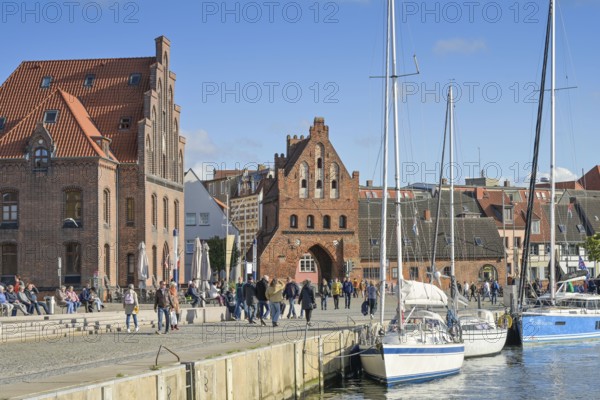 Quay, sailing ships, old harbour, on the left the old customs house, behind the water gate, Wismar, Mecklenburg-Vorpommern, Germany