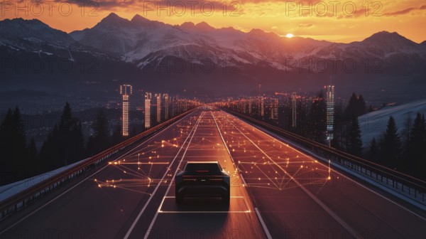 A car drives along a digital grid on a highway with glowing structures at sunset near mountains, AI generated
