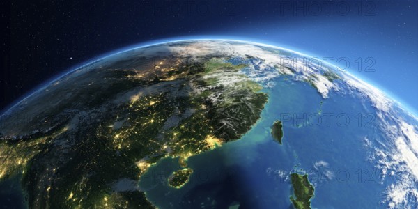 Highly detailed Earth with atmosphere, exaggerated relief and light-flooded cities. Transition from night to day. Eastern China and Taiwan. 3D rendering. Elements of this image furnished by NASA