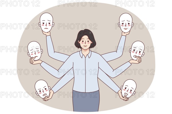 Businesswoman holding different masks choose moods and emotions in office. Woman feel emotional. Liar or bipolar disorder. Flat vector illustration