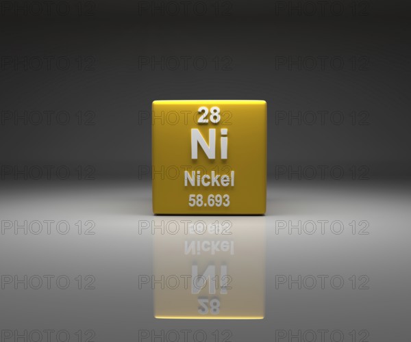 Cube with Nickel number 28 periodic table, 3d rendering
