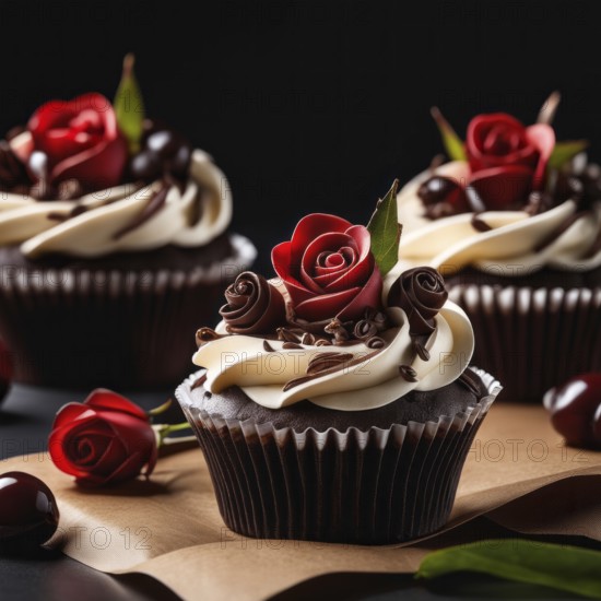 Luxurious chocolate cupcakes with intricate red rose decorations on creamy swirls, Chocolate Cupcake, AI generated