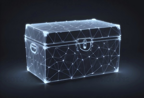 Futuristic glowing treasure chest in neon blue, depicted in digital art, AI generated