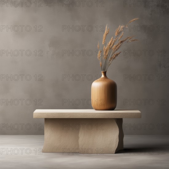 Single wooden vase with dry plants placed on a textured pedestal, creating a minimalist and earthy decor, AI generated