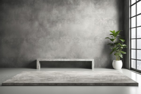 Modern minimalistic interior with concrete walls and floor, featuring a bench and a large plant near a window that allows natural light to enter, AI generated