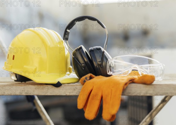 Photo Front view of protective glasses with hard hat and headphones. Resolution and high quality beautiful photo