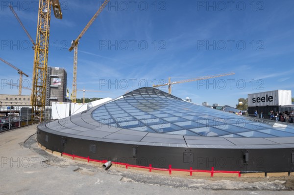 Open days at the new main railway station, Stuttgart 21, glass structure on a construction site with several cranes under a clear sky, glass dome, construction site of the new Stuttgart 21 railway station, Stuttgart, Baden-Württemberg, Germany