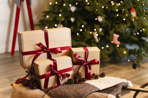 Groups of Christmas presents with craft papers on the sledges against the backdrop of a Christmas tree with colored festive lights