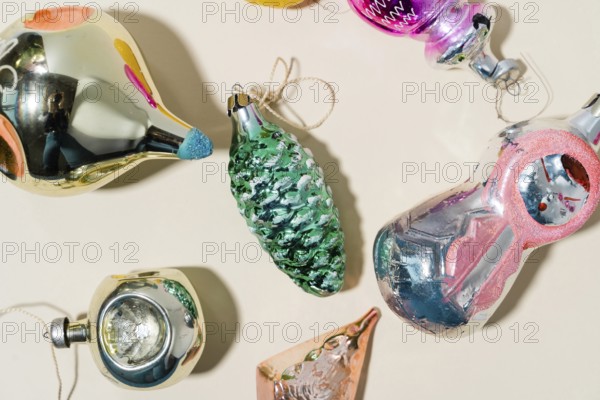 Retro style USSR christmas tree baubles on white background with shadows. mid century .