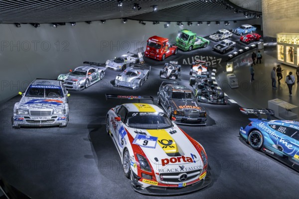 The Mercedes-Benz Museum in Stuttgart presents a journey through the automotive history of the global corporation. Myth 7: Racing cars and Silver Arrows - races and records. The history of the Mercedes star begins with the first automobile in 1886. Stuttgart, Baden-Württemberg, Germany