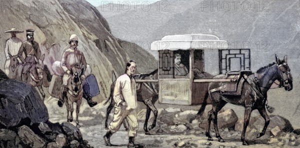 A caravan in Mongolia, a palanquin carried by horses and riders with luggage, Illustration, published 1890, Reproduction, digitally enhanced, Historical