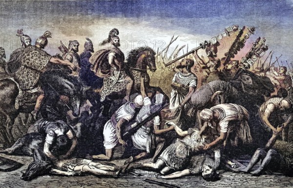 Hannibal's troops looting the dead after the Battle of Cannae, 216 BC, Apulia, south-east Italy, digital reproduction of a historical model