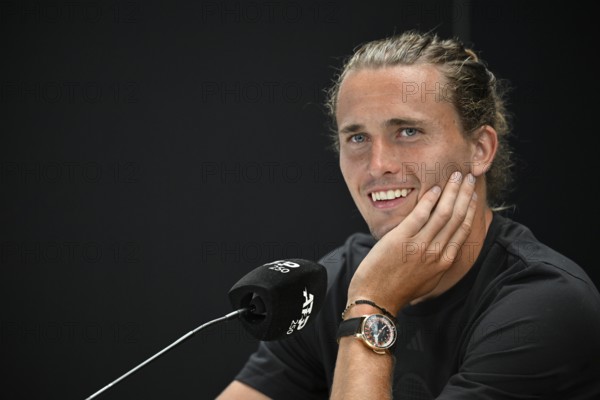 Press conference, PK, portrait, Alexander Zverev GER, smiles, wristwatch Jacob & Co Casino Roulette Tourbillon, tennis, ATP 250, BOSS Open 2025, Stuttgart, Baden-Württemberg, Germany
