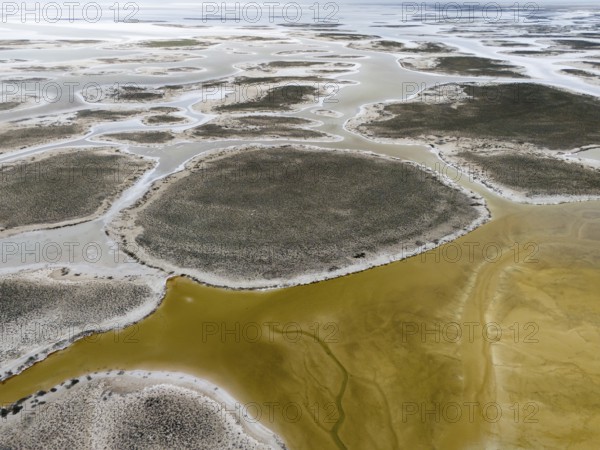 Aerial view of salt lakes and desert vegetation in a desolate landscape, aerial view, salt lake, Tuz Gölü, location between Konya, Aksaray and Ankara, Turkey
