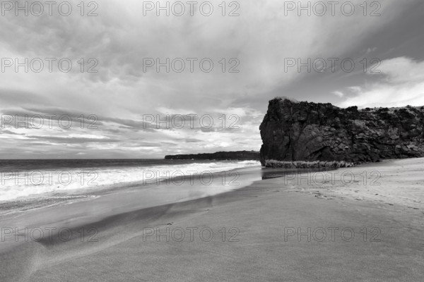 Skarðsvík Beach, sandy beach and cliffs, coastal landscape with bay, monochrome, Skardsvik, Snaefellsnes, West Iceland, Iceland