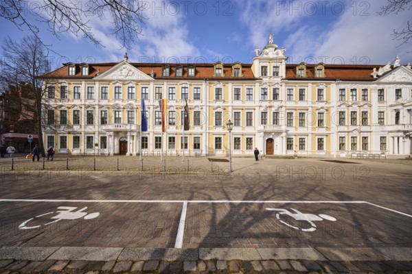 State parliament, historic houses, baroque architectural style, facade, window, disabled parking space, bollards, cobblestone roadway, deep blue sky, cumulus clouds, cathedral square, Magdeburg, state capital, independent city, Saxony-Anhalt, Germany