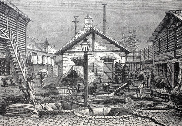 Leather processing, a tannery plant in 1880, digitally enhanced reproduction of a 19th century model, historical, exact date unknown