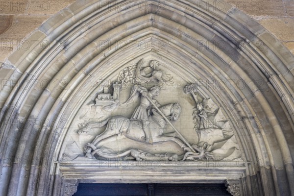 Relief depicting St George on the portal of the Church of Our Lady in Esslingen, Esslingen am Neckar, district of Esslingen, Baden-Württemberg, Germany