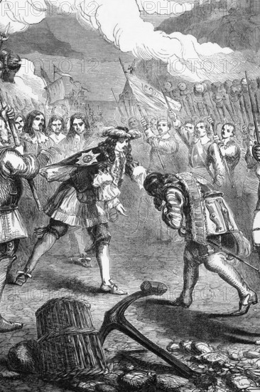 After Cromwell's death in 1658, King Charles II arrived in Dover on 25 May 1660 and reached London on 29 May, his 30th birthday, England, digital reproduction of a historical model