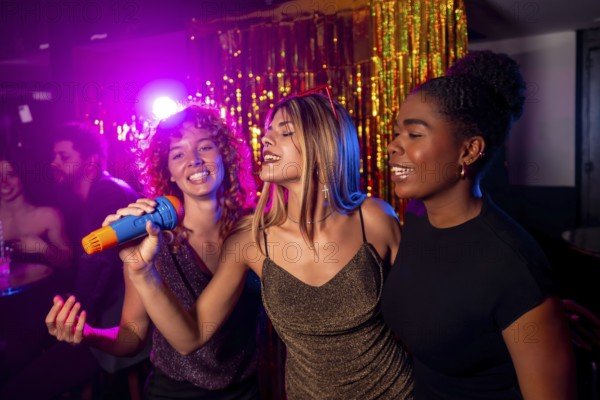 Three young women enjoy a lively karaoke night, singing into a microphone with colorful lights and shimmering decorations in the background