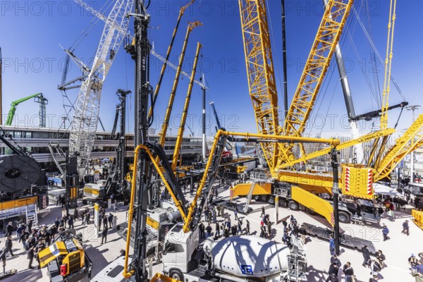 LG 1800-1.0 lattice boom crane with a maximum lifting height of 204 metres for wind turbines. BAUMA Munich, 34th World's Leading Trade Fair for Construction Machinery, Building Material Machines, Mining Machines, Construction Vehicles and Construction Equipment. In 2025, the trade fair will attract around 600, 000 visitors from more than 200 countries and regions and 3601 exhibitors. Open-air area with exhibits from Liebherr. Munich, Bavaria, Germany