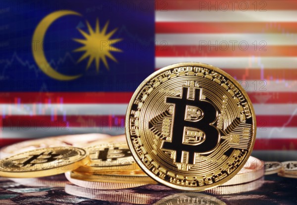 Bitcoin with Malaysia flag in the background. Investors in cryptocurrency and Blockchain Technology in Malaysia, Concept