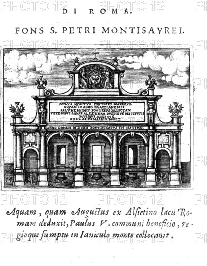 Fontana di S.Pietro Montorio, Fountain of S. Pietro in Montorio in Rome, Italy, Historical, digitally enhanced reproduction from Grandezze della citta di Roma antiche et moderne by Jacomo Crulli de Marcucci, from the year 1630, Rome