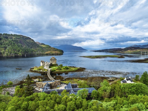 Eilean Donan Castle and Loch Duich from a drone, Isle of Skye, Highlands, Scotland, England, United Kingdom