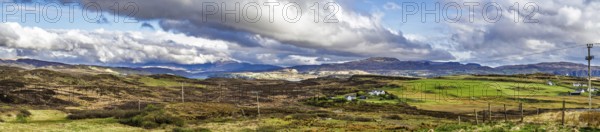 Panorama of Farms over Loch Harport, Drynoch, Isle of Skye, Scotland, UK