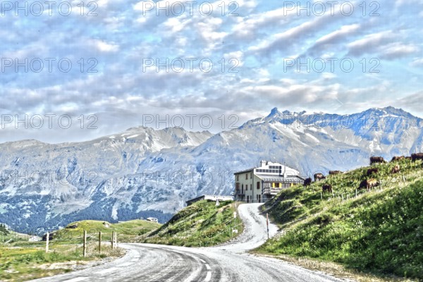 Photo with reduced dynamic saturation HDR of south ramp ascent from pass road to mountain pass Alpine pass Col du Mont Cenis, Mont Cenis Massif, Massif du Mont-Cenis, Graian Alps, Lanslebourg, Rhone-Alpes, France
