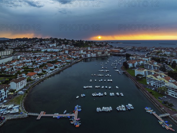 Sunset over Saint-Jean-de-Luz from a drone, Nouvelle-Aquitaine, Pyrenees-Atlantiques, France