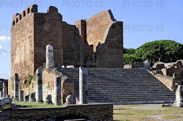 Ruins of the Capitol, Capitolium at the forum, podium temple with staircase, main temple, remains, ancient harbour city of Rome, excavation site Ostia Antica, metropolitan city of Rome, Lazio, Italy