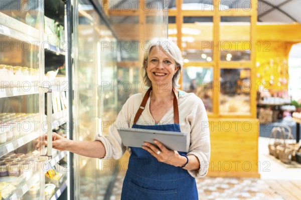 Smiling senior supermarket employee taking notes on a digital tablet while checking products in a refrigerated display