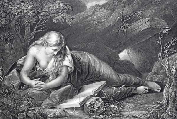 Magdalena, woman lying on the ground and reading a book, steel engraving after a painting by Pompeo Girolamo Batoni, the original was destroyed in Dresden during the Second World War, Historical, digitally restored reproduction of a 19th century original, A woman lies in the forest, next to her a skeleton, in a monochrome and mysterious style