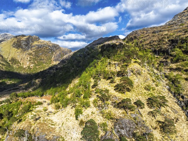 Glen Nevis Valley and River Navis from a drone, Fort William, Lochaber, Highland, Scotland, United Kingdom