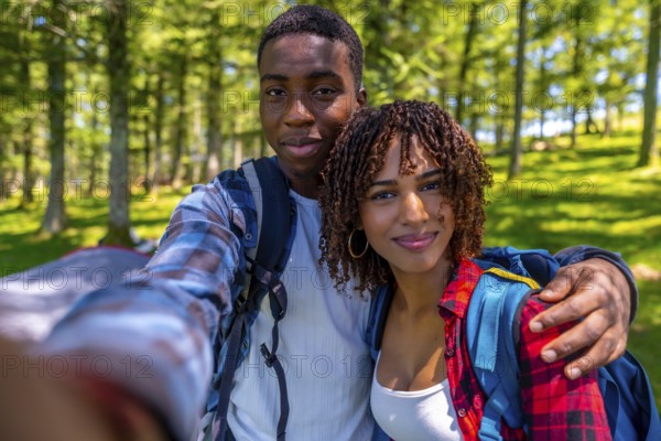 Young hikers with backpacks enjoying a sunny summer day, capturing a joyful selfie portrait amidst the vibrant green forest