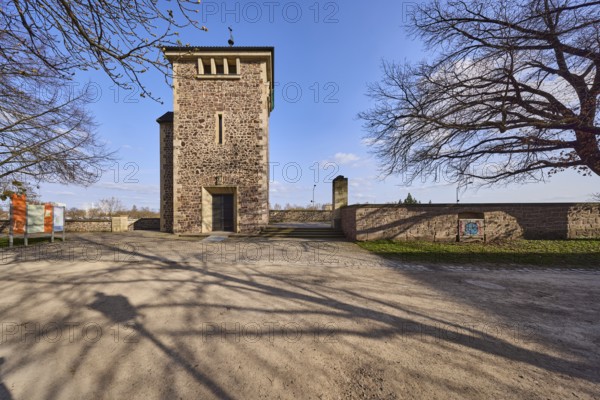 City fortification, defence defence tower, city wall, bare winter trees, footpath, old town, shadow, blue sky, cumulus clouds, Fürstenwall, Magdeburg, state capital, independent city, Saxony-Anhalt, Germany