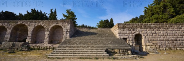 Panorama of a stone staircase and ancient structures with trees in the background, open staircase to the second terraceAsclepion, Asklepieion, temple, temple, Hippocrates, Kos, Dodecanese, Greek Islands, Greece