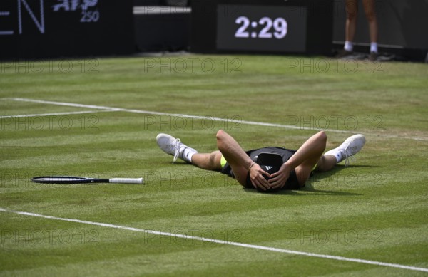 Justin Engel GER Cheering Emotion Gesture Gesture on the ground, after winning the match, Tennis, ATP 250, BOSS Open 2025, Stuttgart, Baden-Württemberg, Germany