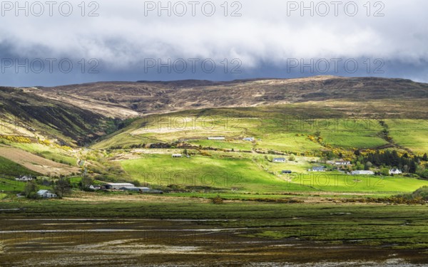 Farms over Loch Harport, Drynoch, Isle of Skye, Scotland, UK