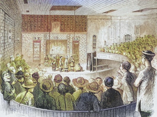 Chinese Theatre, San Francisco, California, 1870s, America, digital reproduction from American Pictures, drawn with pen and pencil, coloured, by Samuel Manning, published circa 1880, Historical